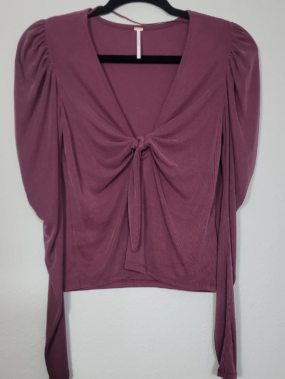 Free People Tie The Knot Top Size S Maroon Puff Sleeve Front Tie OB1054017 Boho